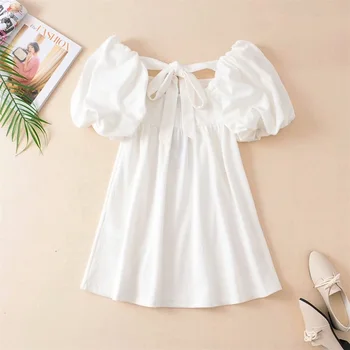 

2020 Summer Women's New Loose Retro Square Collar Short Sleeve A Type Elegant Elegant Temperament Bow Mini Dress