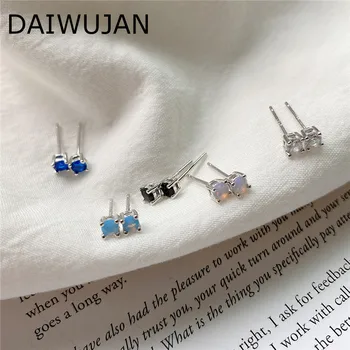 

DAIWUJAN AAAA Zircon Opal Round Mini Stud Earrings Wedding 925 Sterling Silver Sapphire Crystal Earring for Women Jewelry Gift