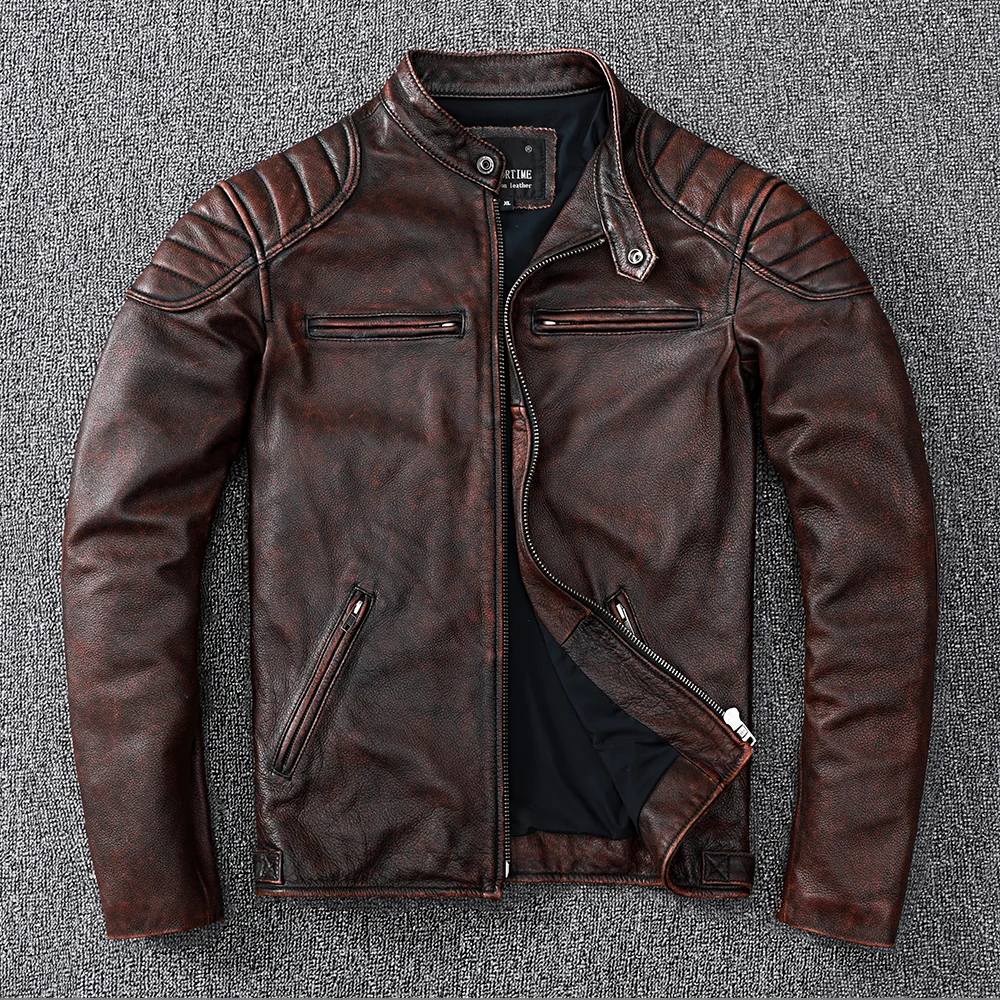 Vintage Style Mens Cowhide Biker Genuine Leather Jacket Fashion Brown Leather Slim Coat
