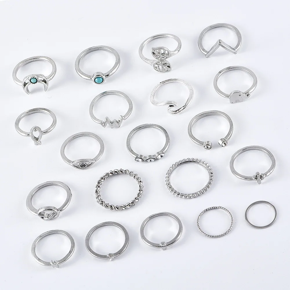 Silver Elephant Leaves Wave Moon Crystal Geometric Joint Ring Set 20pcs / set Women Wedding Party Jewelry Accessories ring set silver ring wedding rings wedding ring jewelry accessories