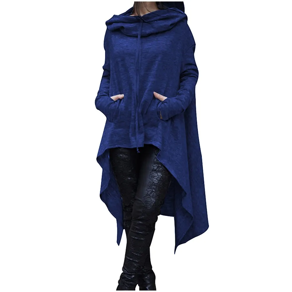BLUE Необычные толстовки, одноцветные, модные, большие, толстовки, толстовка, женская, свободная, с капюшоном, пуловер, верхняя одежда, пальто - Цвет: BLUE