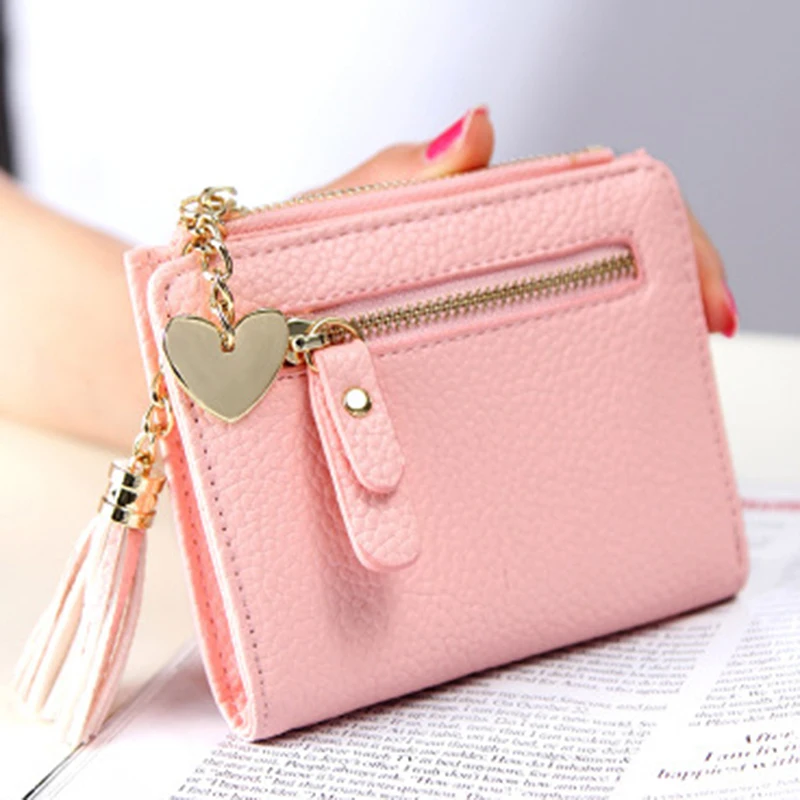 Pink Маленький держатель для карт с кисточками, Женский кошелек, короткий дизайн, кожа, двойная молния, два сложения, Женский кошелек с цепочкой в виде сердца - Цвет: Pink