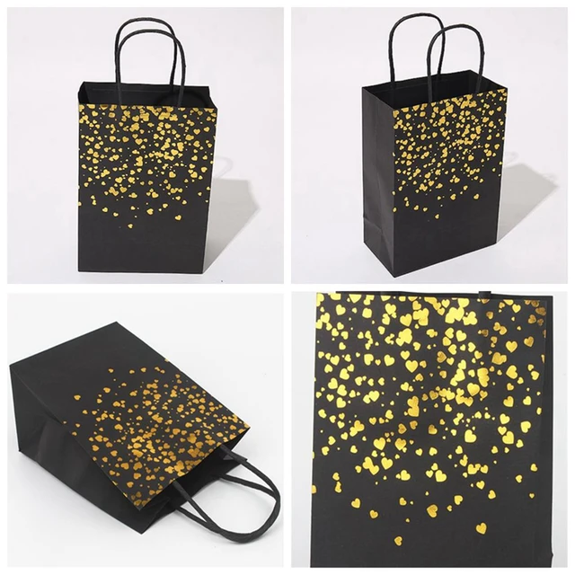 Black Kraft Paper Bags with Handles Gold Star Heart Gift Bags