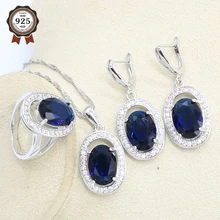 Овальный темно-синий 925 Серебряный набор украшений для женщин Свадебные серьги ожерелье Кулон Кольцо Подарочная коробка