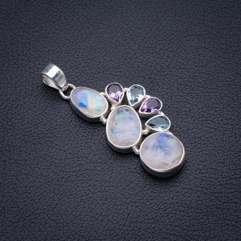 

Natural Rainbow Moonstone,Amethyst And Blue Topaz Handmade 925 Sterling Silver Pendant 2" D2917