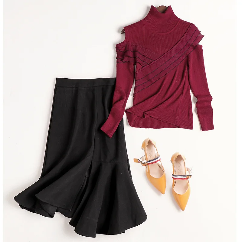 Tweedelige Set Top En Rok 2020 Herfst Winter Vrouwen Coltrui Lange Mouwen Elastische Gebreide Trui + Onregelmatige Mermaid rok