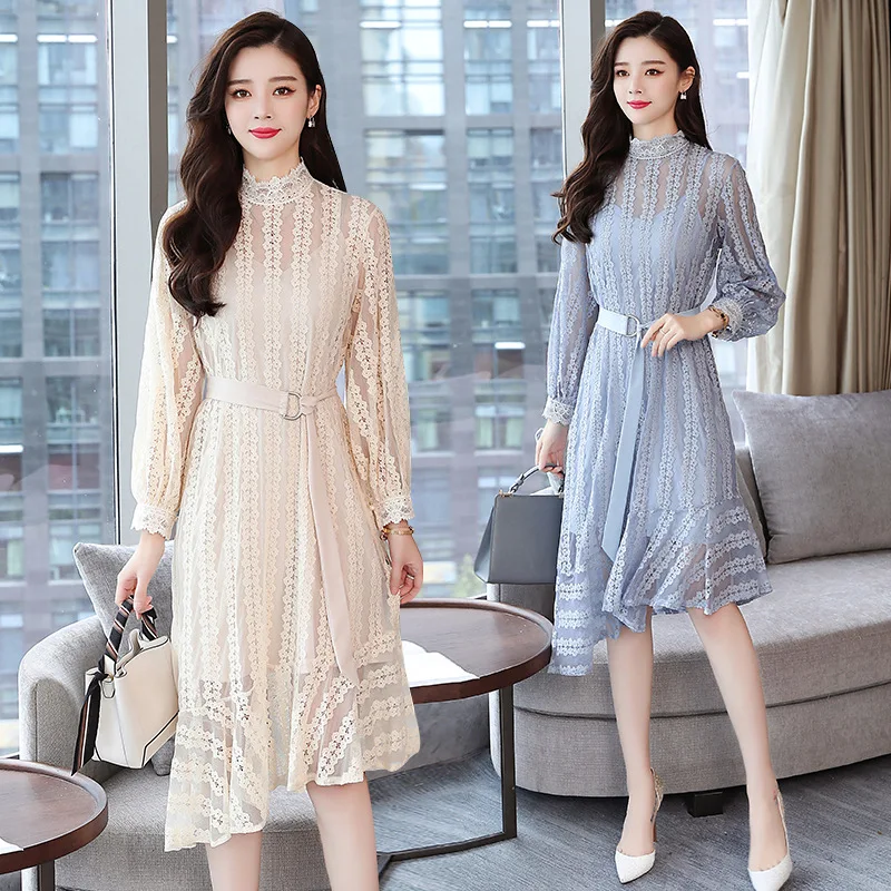 

2018 Autumn Clothing New Style Korean-style Lantern Sleeve Lace Dress Women's Mid-length Hollow out Lace-up Waist Hugging Two-pi