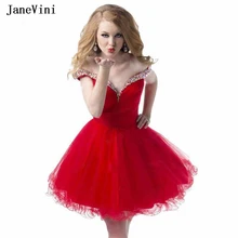 JaneVini сексуальное красное платье из органзы, платье для выпускного вечера, вечернее короткое платье с бисером, вечернее платье с открытыми плечами, большие размеры