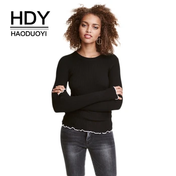 

HDY Haoduoyi New Fashion Women Autumn Ruffles Simple O-Neck Pullover Jumper Knitted Long Sleeve Regular Slim Solid Sweaters