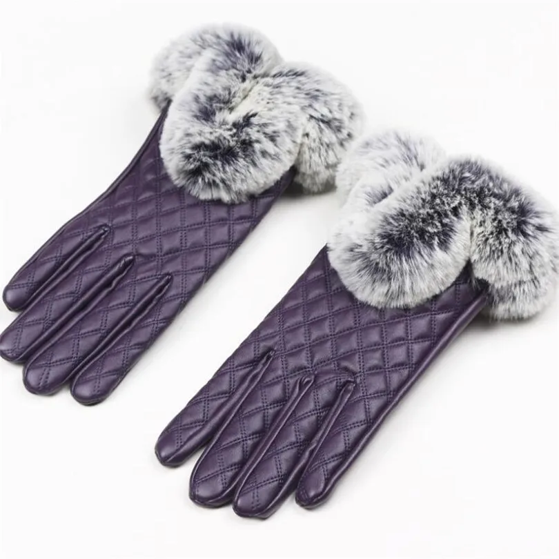 YSDNCHI зимние перчатки кожаные перчатки-митенки элегантные модные женские теплые утепленные брендовые бархатные рукавички меховые женские уличные черные перчатки - Цвет: G151 Dou grid purple