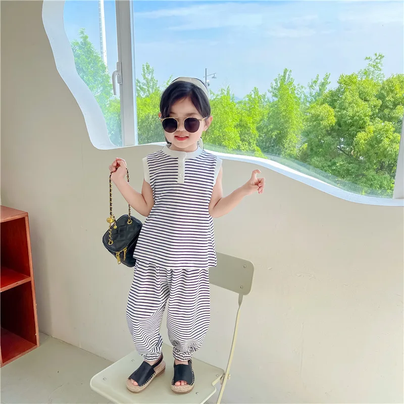 

Toddler Girls Clothing Sets 2021 Summer New Sleeveless Striped Top+Long Pant Casual Two Piece Cotton Kids Clothes Suit 1-7Yrs