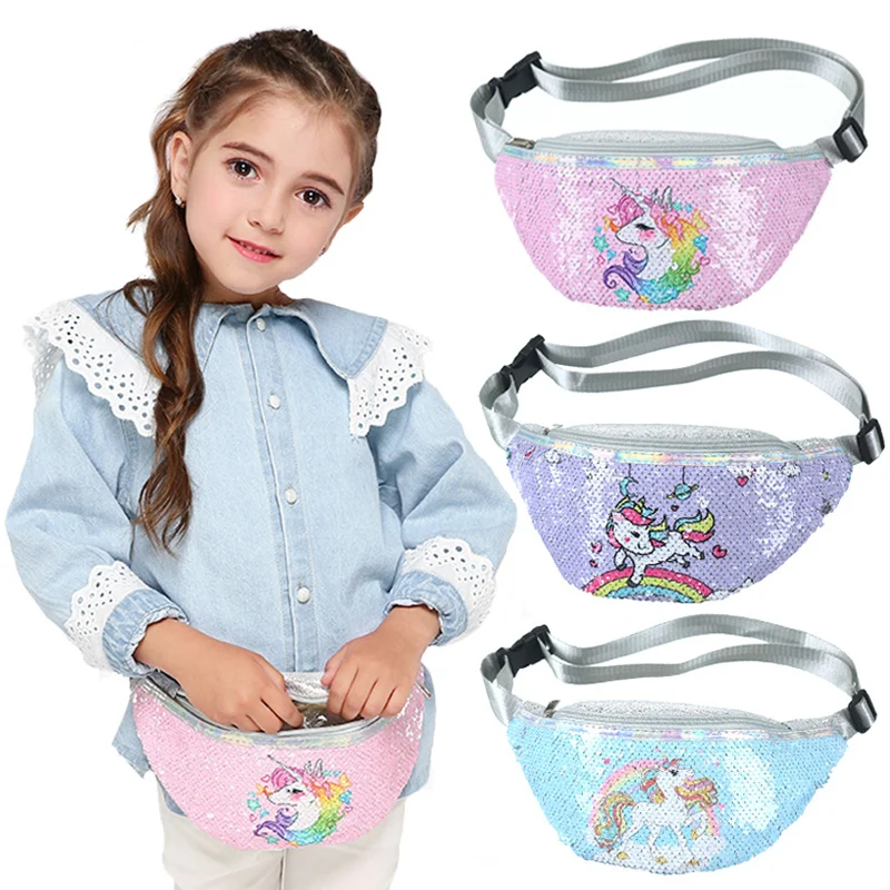 

Fashion Unicorn Sequin Fashion Girls Waist Bag Fanny Pack Children Cartoon Sequins Printing Chest Bag Outdoor Travel Pouch