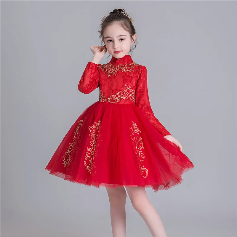 Платье для девочек; красное платье принцессы с цветочным узором для девочек; осенне-зимняя детская одежда Ципао для выступлений