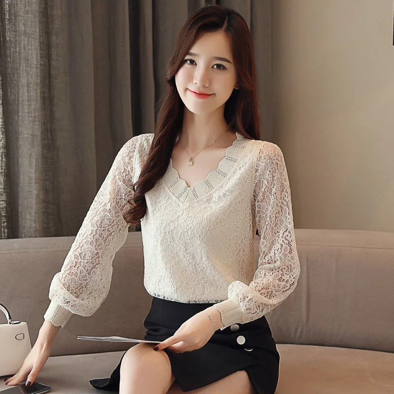 Новинка осени, корейский стиль, повседневные кружевные женские блузки с длинным рукавом и v-образным вырезом, женские топы, универсальная элегантная женская одежда 5958 50