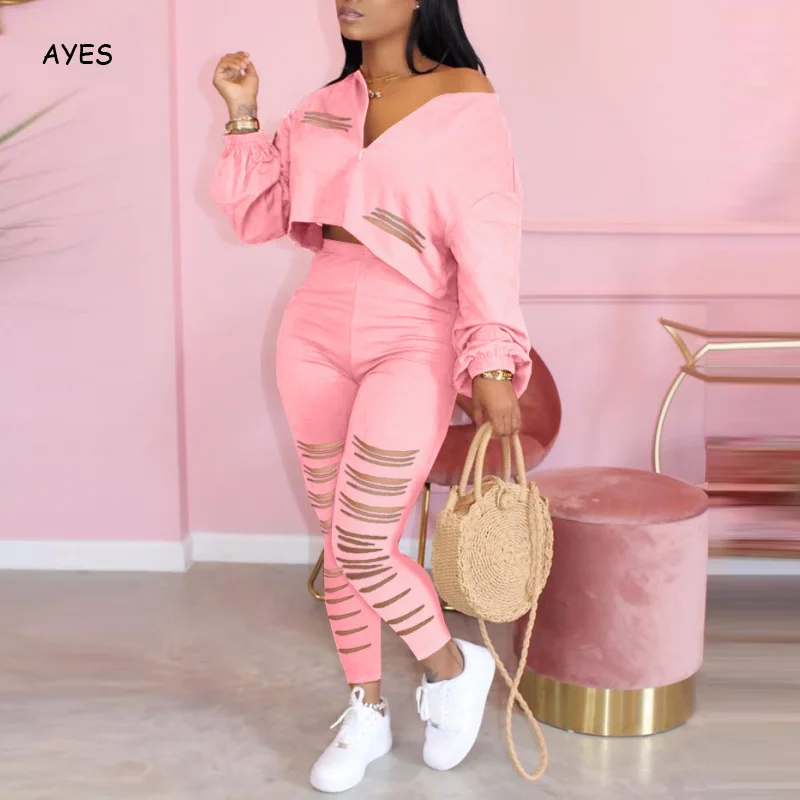 

Women Casual Pink Two Piece Sets Hole Tracksuits Long Sleeve Crop Top Slim Pants V Neck 2 Piece Matching Suits Clubwear 2020