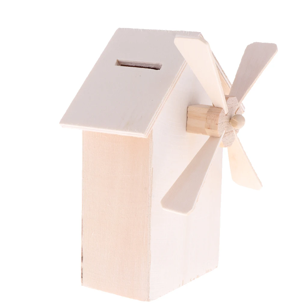 Unpainted Wood Craft Windmill Coin Bank Money Box Piggy Bank For Crafting Decorating Children's DIY Projects