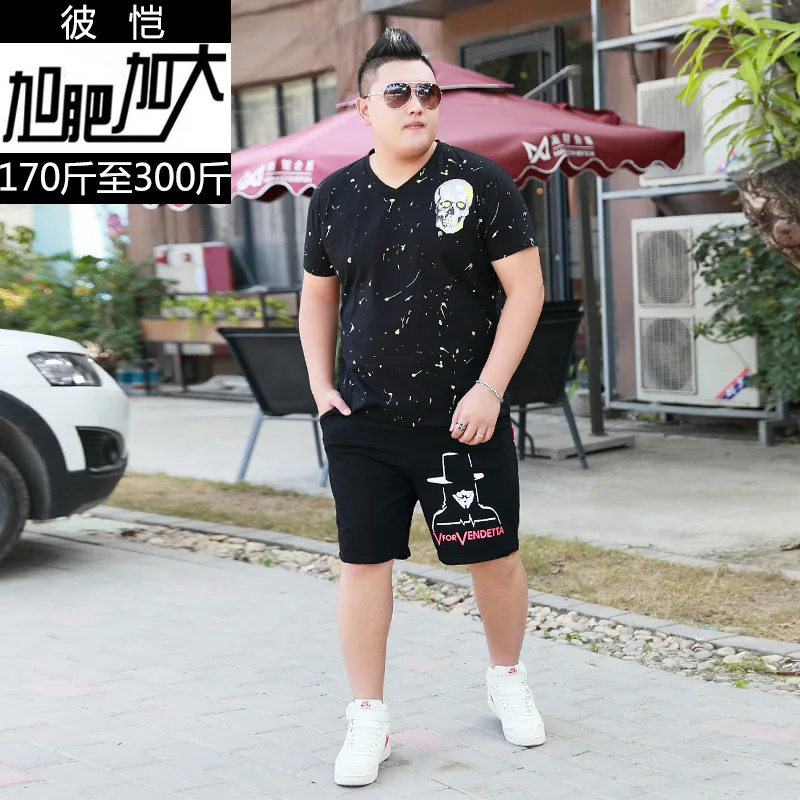 

Bikai Plus Fat Increase Code Men Trend Spray Paint Skull Head Printing Short Sleeve T Shirt Elastic Shorts Suit