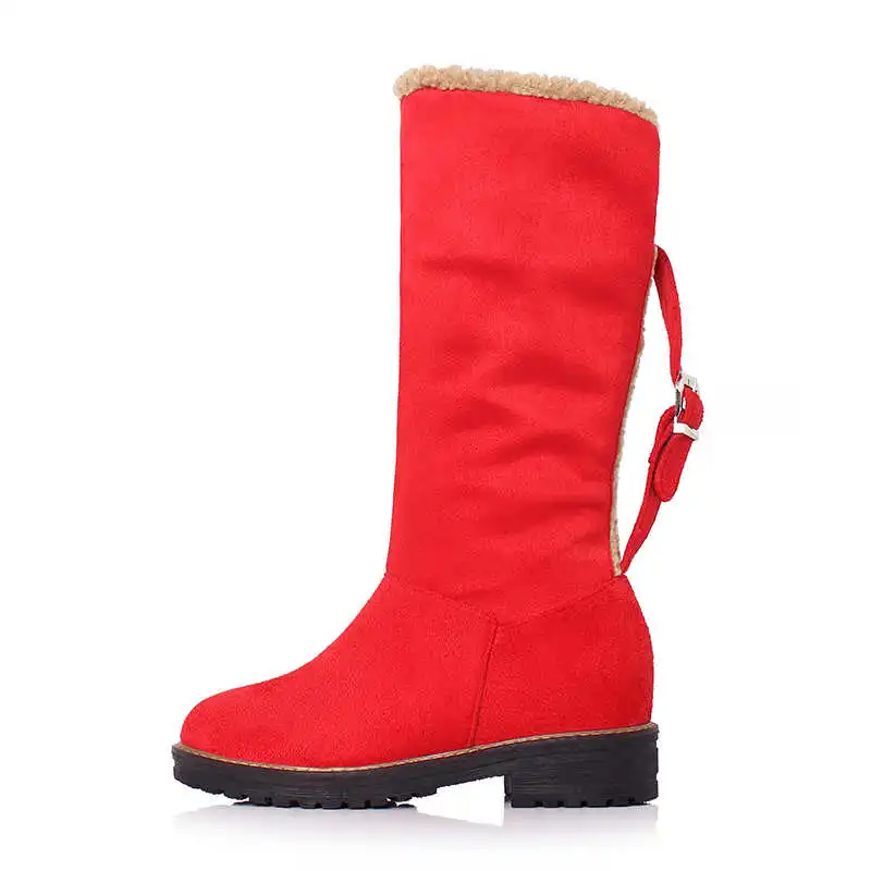 Odetina Women Fashion Winter Buckle Slip On Non-slip Mid Calf Boots Lady Faux Suede Block Low Heel Platform Round Toe Snow Boots