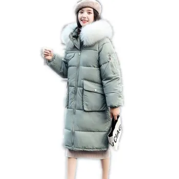 

Large Pockets 2019 Winter Women Jacket Loose Thick Cotton-Padded Coat Medium-Long Hooded Fur Collar Female Snow Wear H059