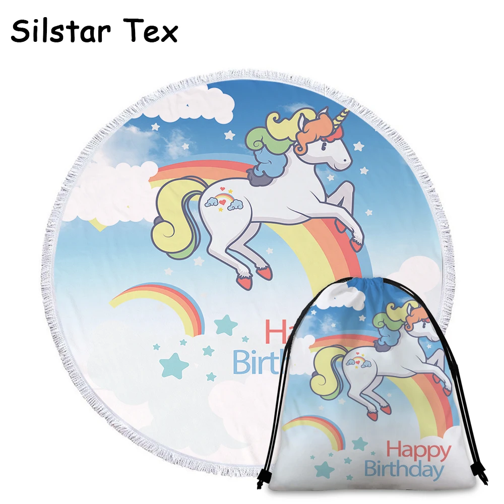

Silstar Tex Round Beach Towel For Kids Microfiber Rainbow Unicorn Large Summer Towels Toalla Cartoon 150cm Picnic Mat