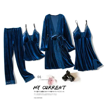 

Casual Soft Sleep Night Suit Sexy Lady Warm Velvet Robe Set Kimono Bathrobe Gown Elegant 4pcs Lace Sleepwear Intimate Lingerie