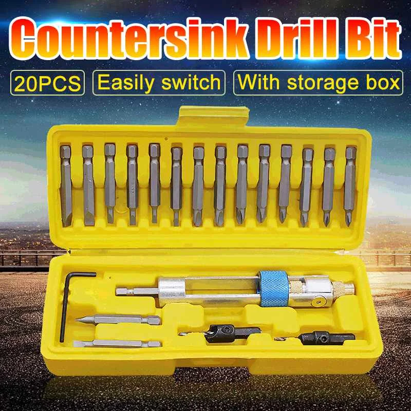 20pcs Swivel Head Drill Driver Bit Set Quick Change HSS Countersink