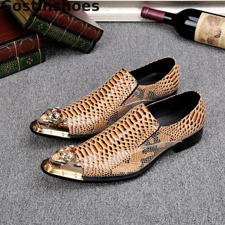 

Men Shoes Genuine Leather Orange Color Snakeskin Printed Metal Cap Toe Slip-on Pointed Men Casual Leather Shoes Men Oxfords