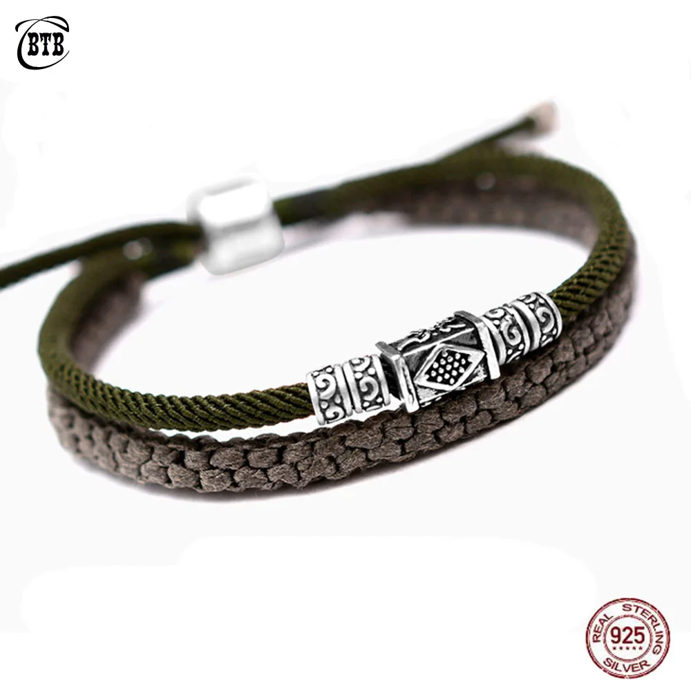 Персонализированные 925 Серебряный счастливый очаровательный плетеный браслет для мужчин, двухслойный Регулируемый Тибетский браслет ручной работы с узлами