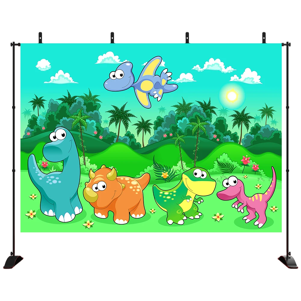

Cartoon Animals Backdrop Dinosaur Theme for Kids' Birthday Party Forest with Green Background