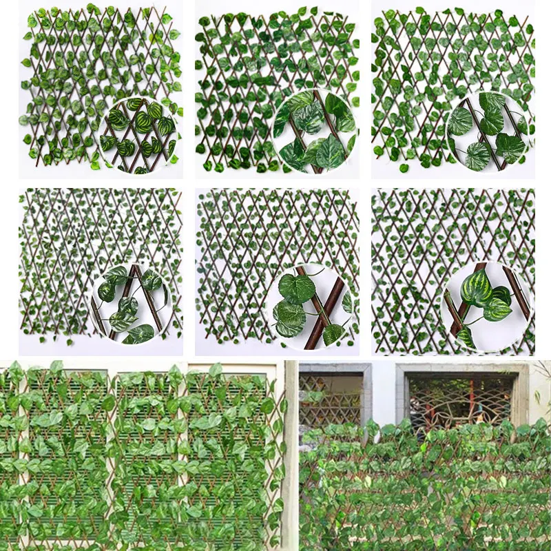 Simulation Fence Telescopic Fence Fake Flowers Green Leaves  Garden Fence Wall Guardrail Decorative Leaves Blocking Mesh Grille