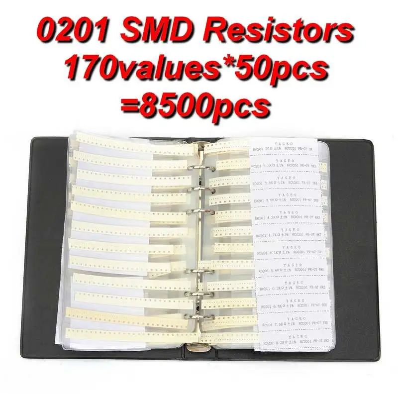 

0201 Sample Book 1% 0ohm to 10M SMD SMT Chip Resistors Assortment Kit 170Values x50Pcs 8500Pcs Resistor Assorted Set