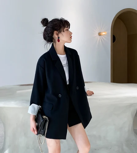 

2019 Autumn Black Single Breasted Suit Jacket Korean style Fashion Lady Thin Loose Medium Length Coat