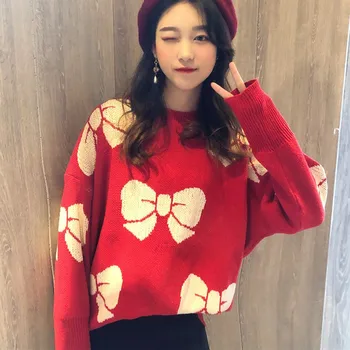 

Sweater Women Christmas Knitted Loose Casual Autumn Winter Ladies O-neck Tops Pullover Korean Sweaters Bowembroidery Knitwear