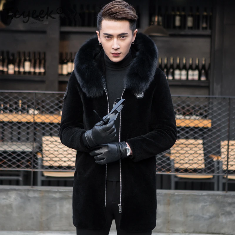 Tcyeek/зимнее пальто для мужчин; модный толстый помпон из натурального меха; пальто с капюшоном из большого лисьего меха; длинная овечья шерсть; куртка Hiver 006