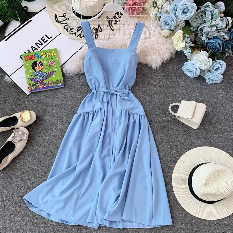 FMFSSOM Women Sexy Spaghetti Strap Dresses Women's High Waist Sash Tie Up Dress Female Sleeveless Slash Neck | Женская одежда