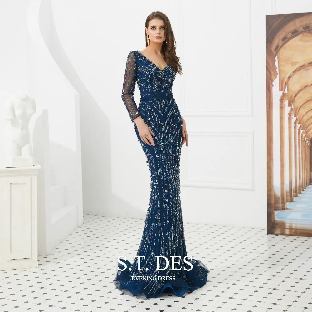 

2020 S.T.DES Gorgeous Dark Blue Full Sequins Beaded V-Neck Mermaid Prom Dress Illusion Long Sleeves Sweep Train Evening Dress