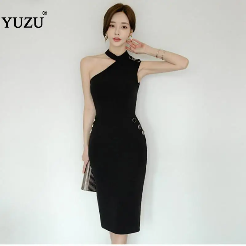 

Black Halter Bodycon Dress Summer 2020 Off Shoulder Women Office Party Pencil Solid Sleeveless Button Knee-length Tank Dresses