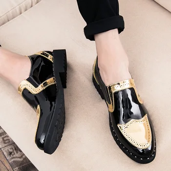 

Men Flat Black Golden Formal Patchwork Leather Shoe Handmade Wedding Party Men Loafers Moccasins Dress Shoes