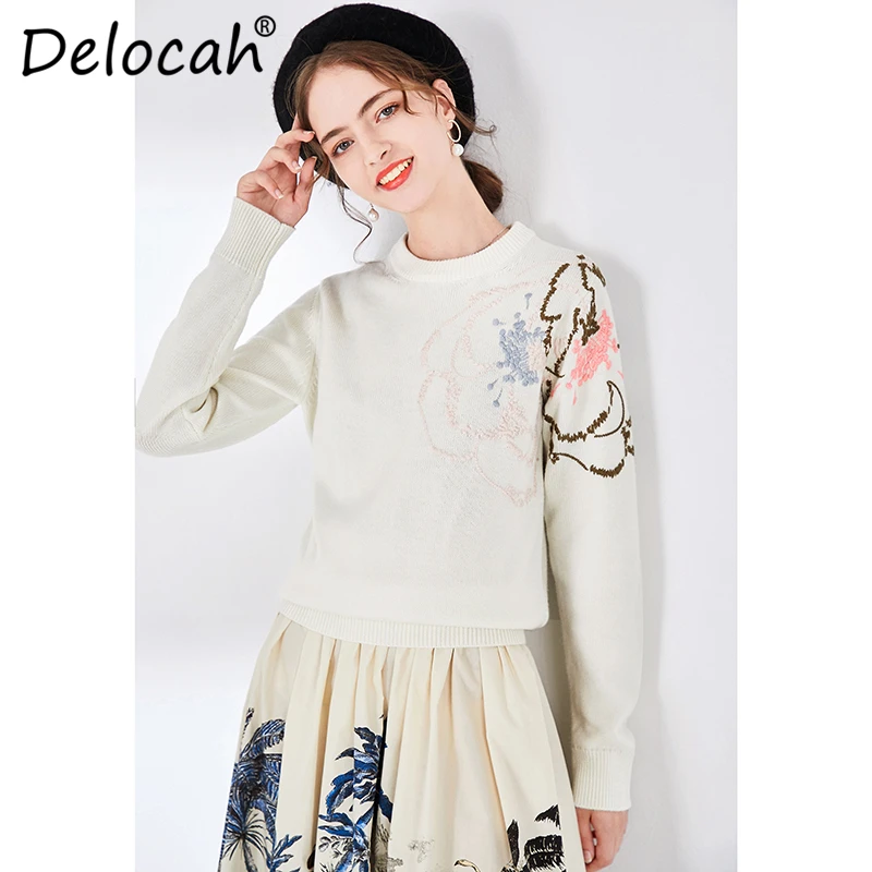 

Delocah Autumn Winter Women Sweaters Runway Fashion Designer Long Sleeve Gorgeous Embroidery White Printed Warm Loose Lady Dress