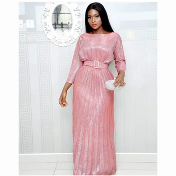 

Sequins Long Dress Women african clothes Belt Pleated Party Night Vestidos Dance Wedding Prom Slim Fit Dresses with Pockets 2020