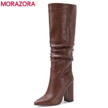 MORAZORA/Новые Брендовые женские ботинки осенне-зимние ботинки на Высоком толстом каблуке ковбойские сапоги до колена женская обувь; большие размеры 34-43