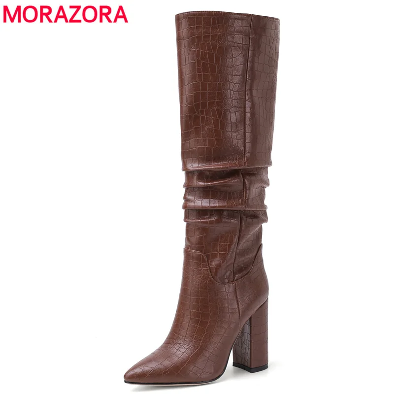 Skup MORAZORA Plus rozmiar 34 43 nowe buty damskie marki grube szpilki jesienne buty zimowe kowbojskie zachodnie buty do kolan buty damskie