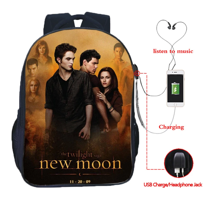 10 Красивый рюкзак Twilight USB Charge для мужчин и женщин, рюкзак для девочек и мальчиков, модный рюкзак, красивый рюкзак edard Cullen - Цвет: 10