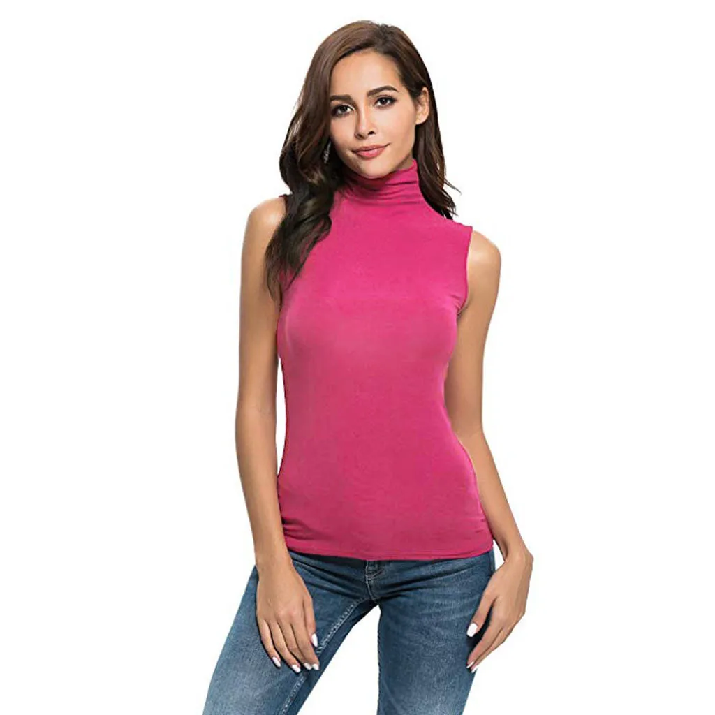 Женская модная водолазка без рукавов, однотонная Приталенная футболка, шифоновый топ, Повседневная футболка, топ в готическом стиле, camiseta mujer* 3 - Цвет: Red