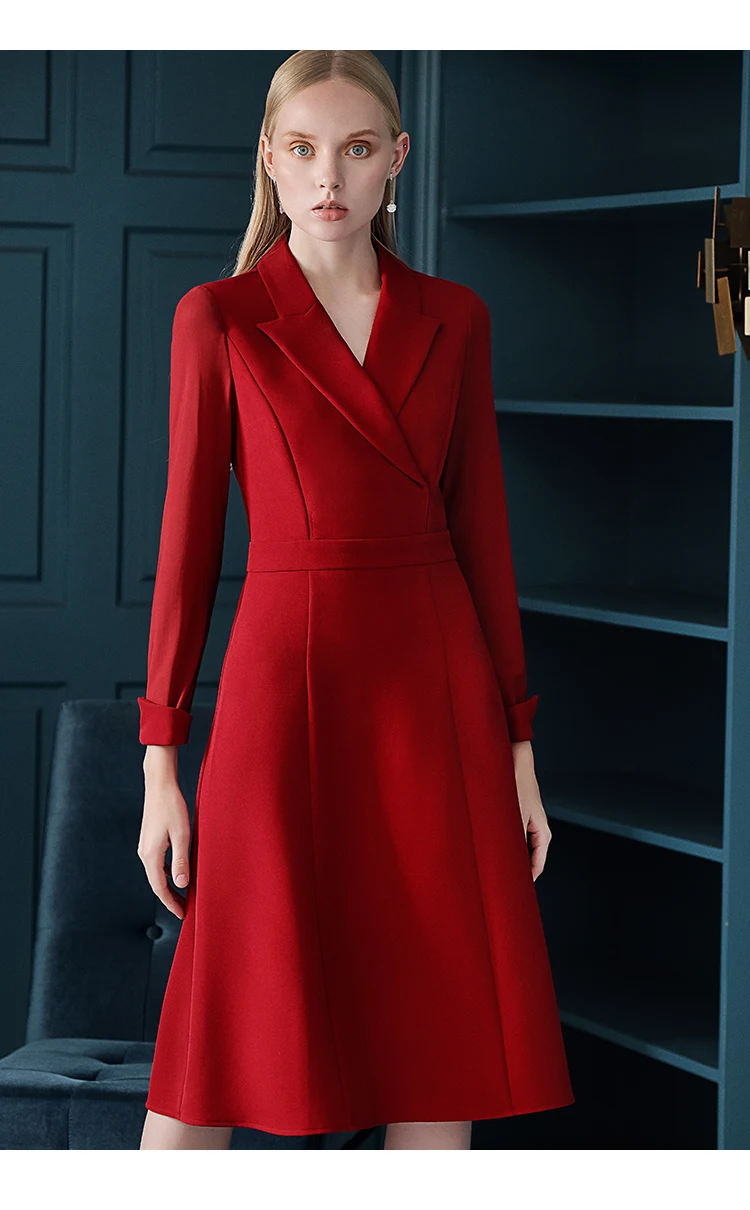 Kohuijoo осеннее подиумное красное платье женское повседневное высококачественное однотонное офисное женское платье-блейзер с длинным рукавом и v-образным вырезом вечернее платье