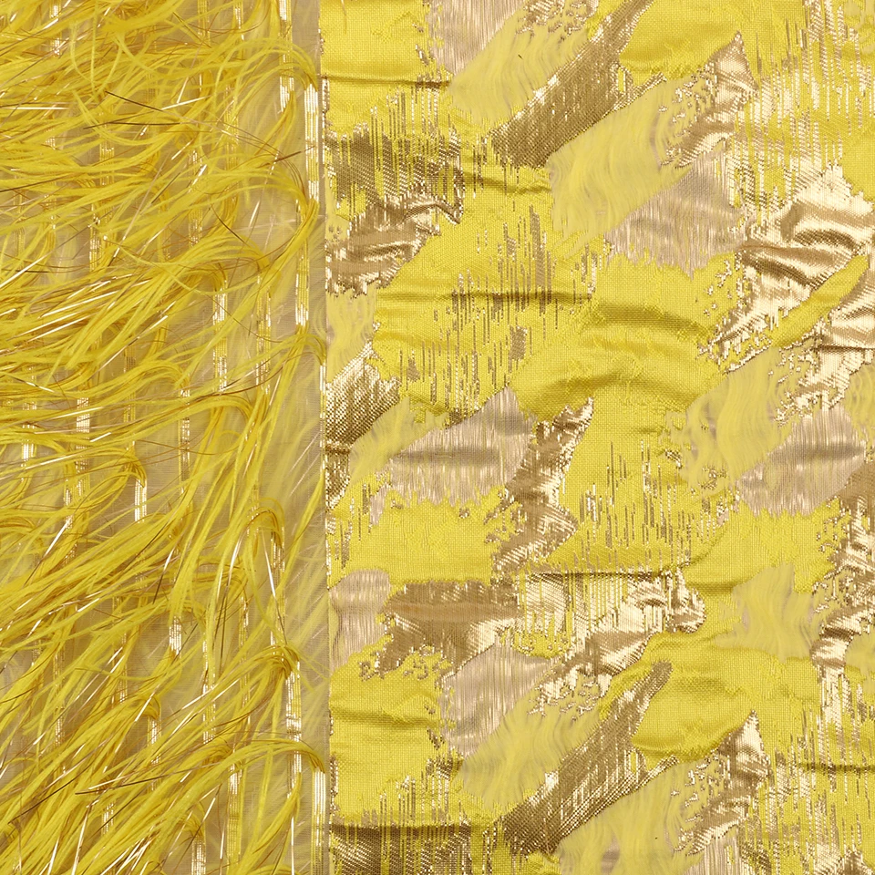 Желтый цвет жаккардовое кружево парча отделка тканей Африканское кружево парча кружевная ткань с перьями для невесты APW3036B