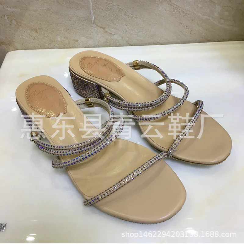 

2019 New Style Summer A- line with Net Red Chunky-Heel Sandals Slipper Dual Purpose Double Purpose High-Heel Man-made Diamond Sa
