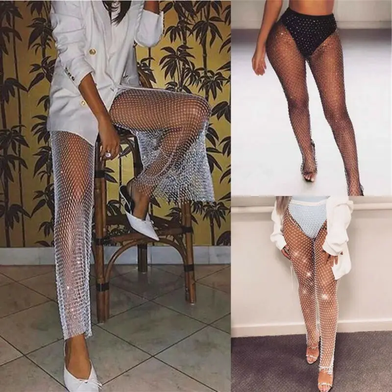 One Size Sexy Women Fishnet Diamond Slim Beach Cover Pants Party Club Rhinestone Trousers 5 Styles Ladies Long Fishnet Pants One Size Sexy Women Fishnet Diamond Slim Beach Cover Pants Party Club Rhinestone Trousers 5 Styles Ladies Long Fishnet Pants