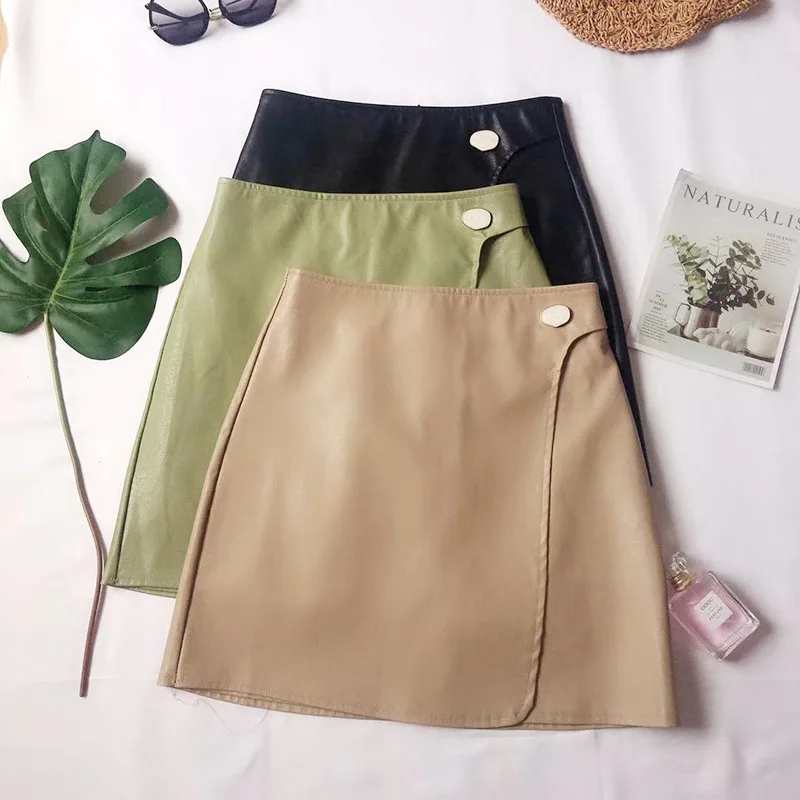 

[Attachment] Color Small Leather Skirt 2019 Korean-style Autumn And Winter One-Button Irregular PU Leather Short Skirt Skirt 221
