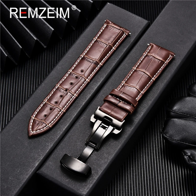 Embossed Genuine Leather Strap with Automatic Butterfly Buckle - Business Watchband